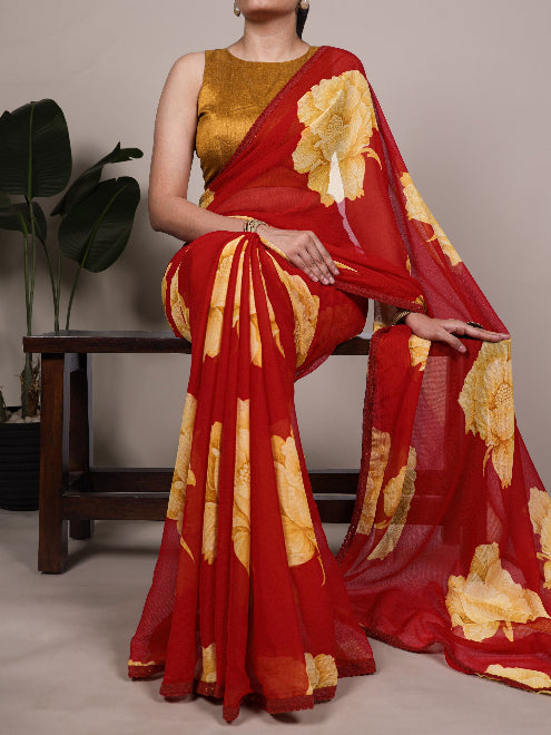 Red Blooming Floral Stylish Chiffon Saree