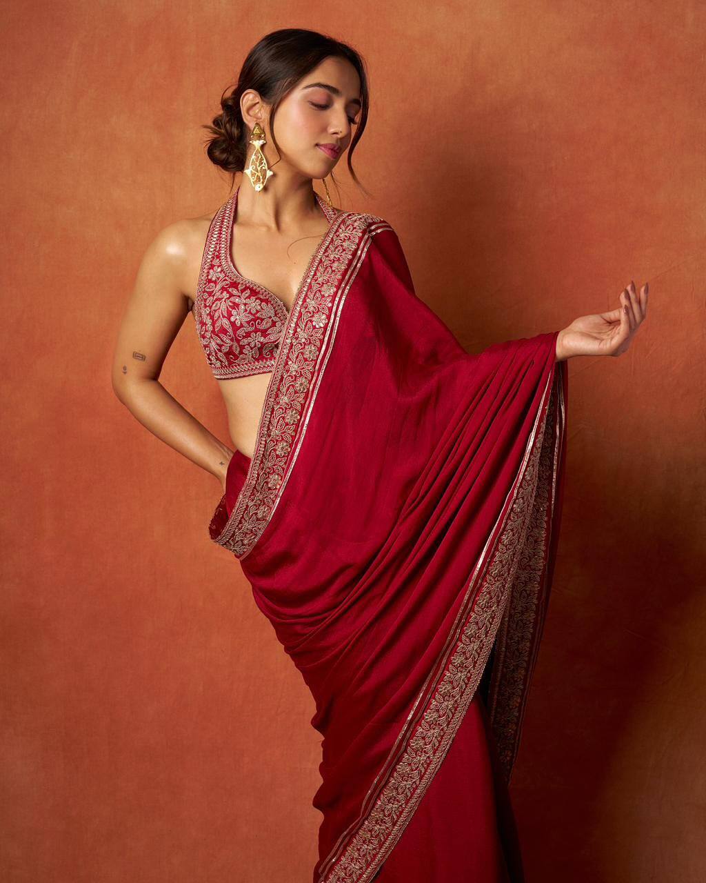 Red Bollywood Style Designer Fandy Satin Silk Saree