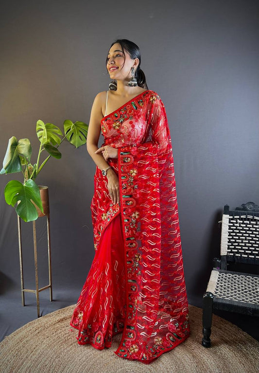 Red Designer Butterfly Net Saree