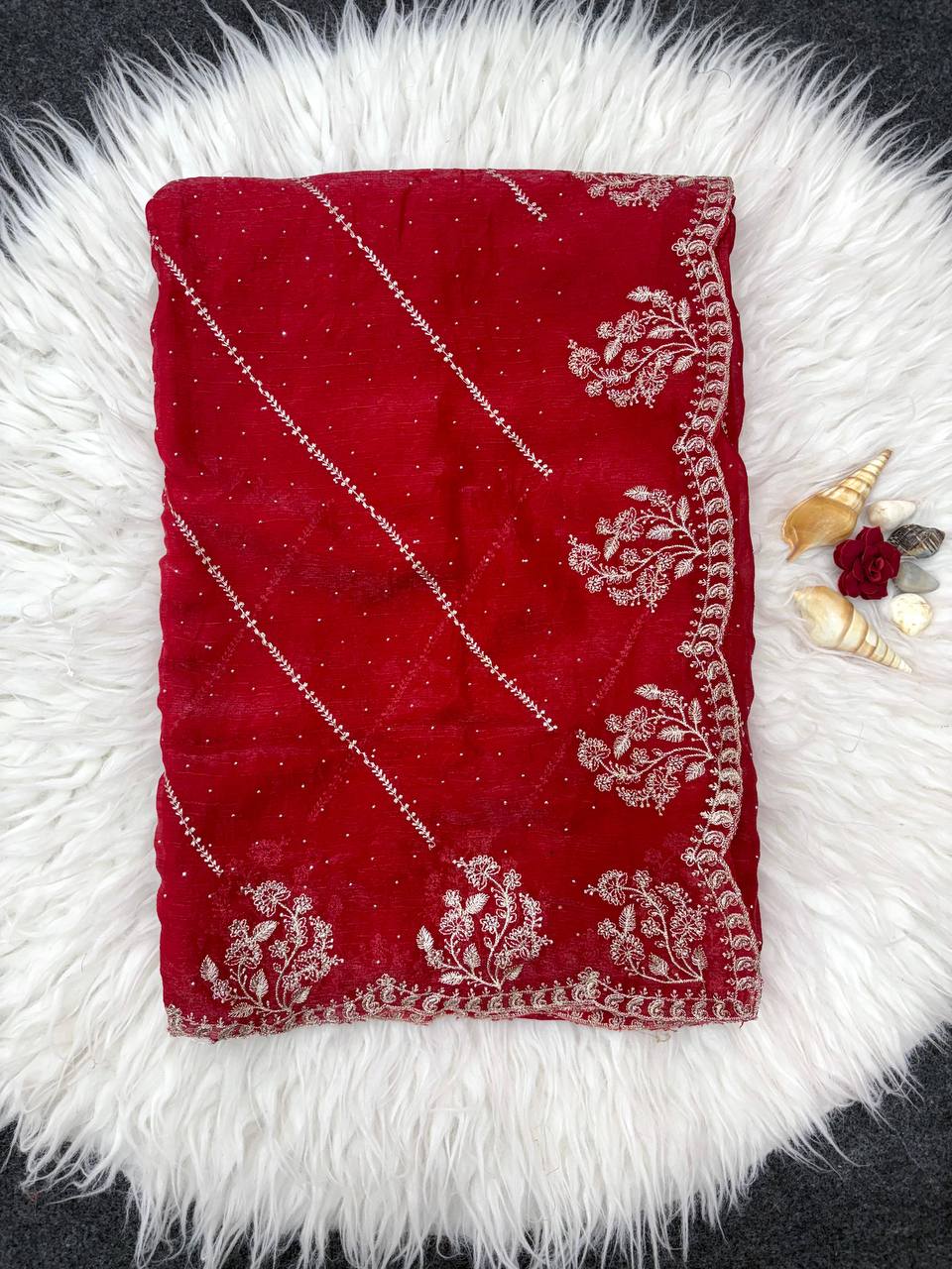 Red Designer Fandy Chiffon Silk Saree