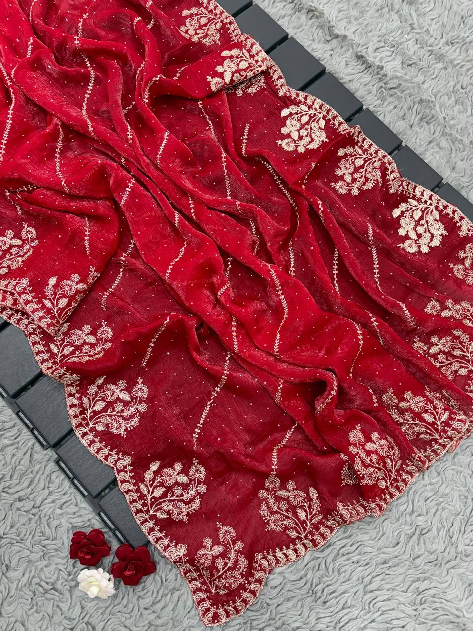 Red Designer Fandy Chiffon Silk Saree