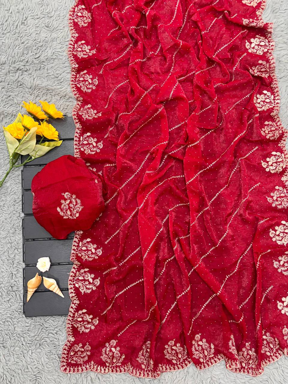 Red Designer Fandy Chiffon Silk Saree