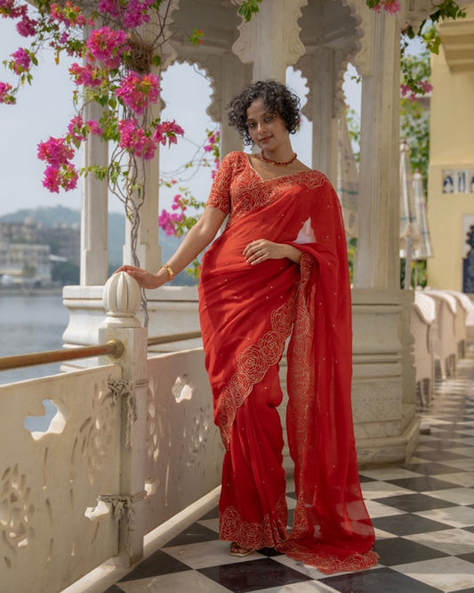 Red Designer Organza Silk Saree | Replica Design