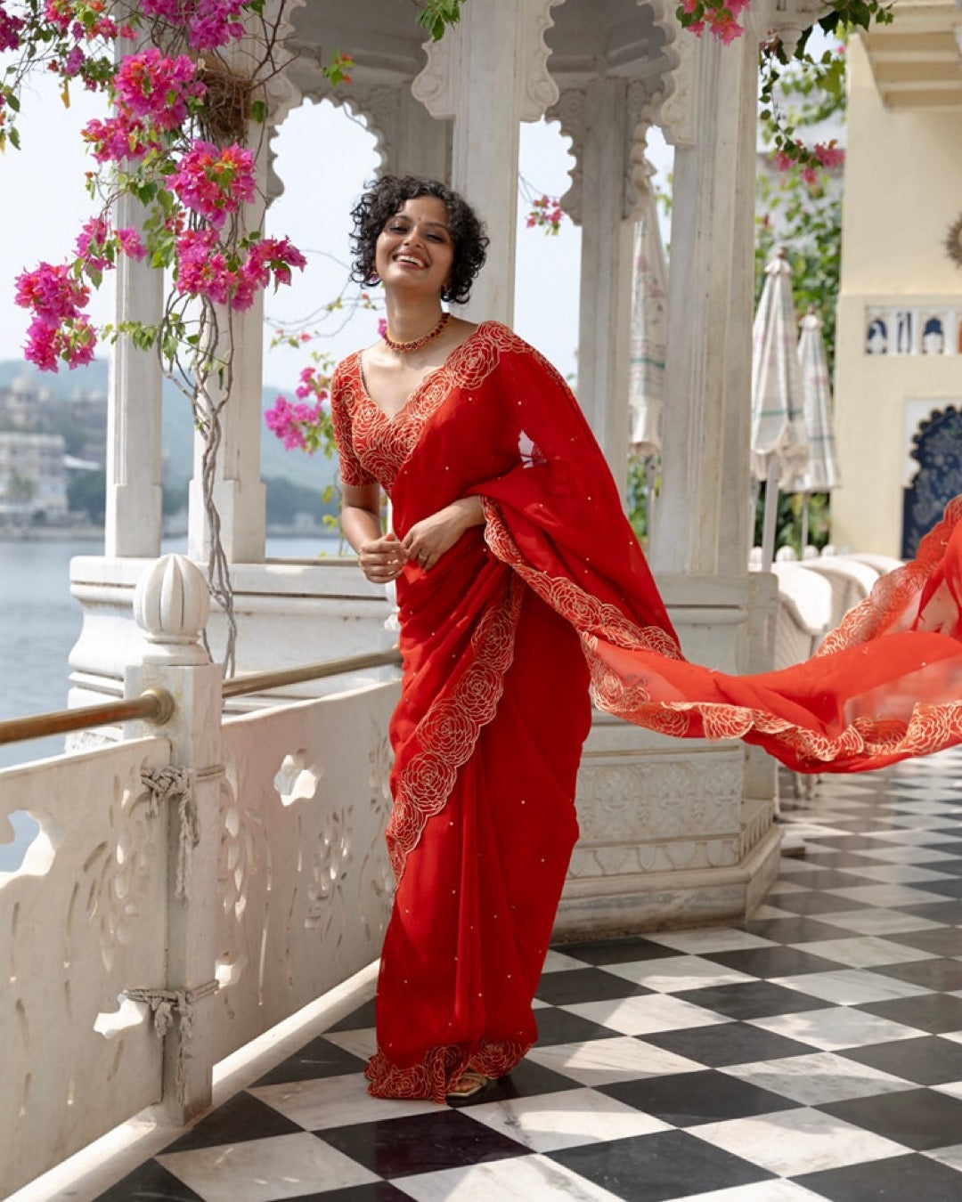 Red Designer Organza Silk Saree | Replica Design