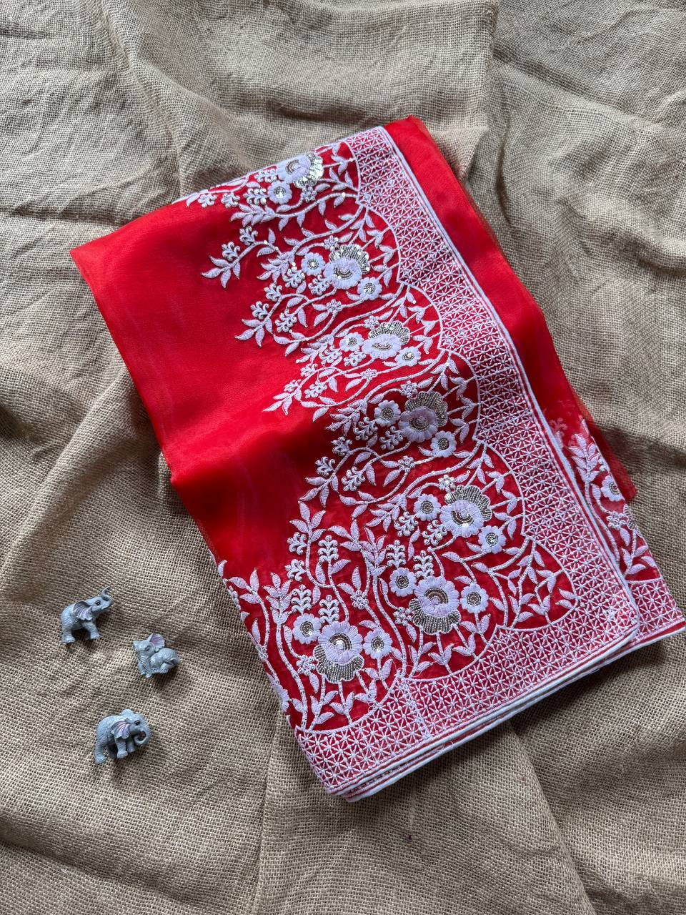 Red Designer Organza Silk Saree