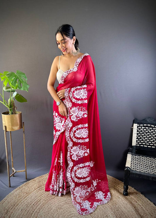 Red Designer Organza Silk Saree