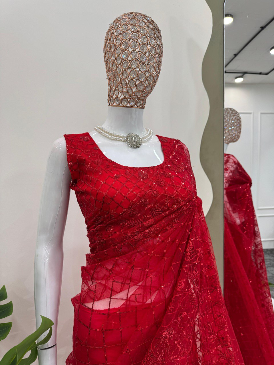 Red Designer Party Wear Net Saree