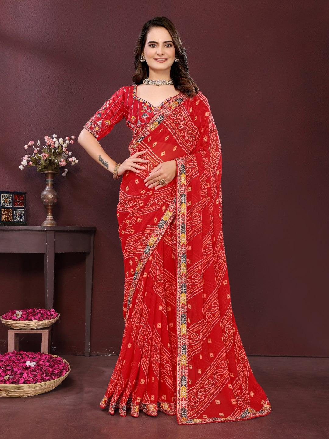 Red Digital Printed Georgette Saree
