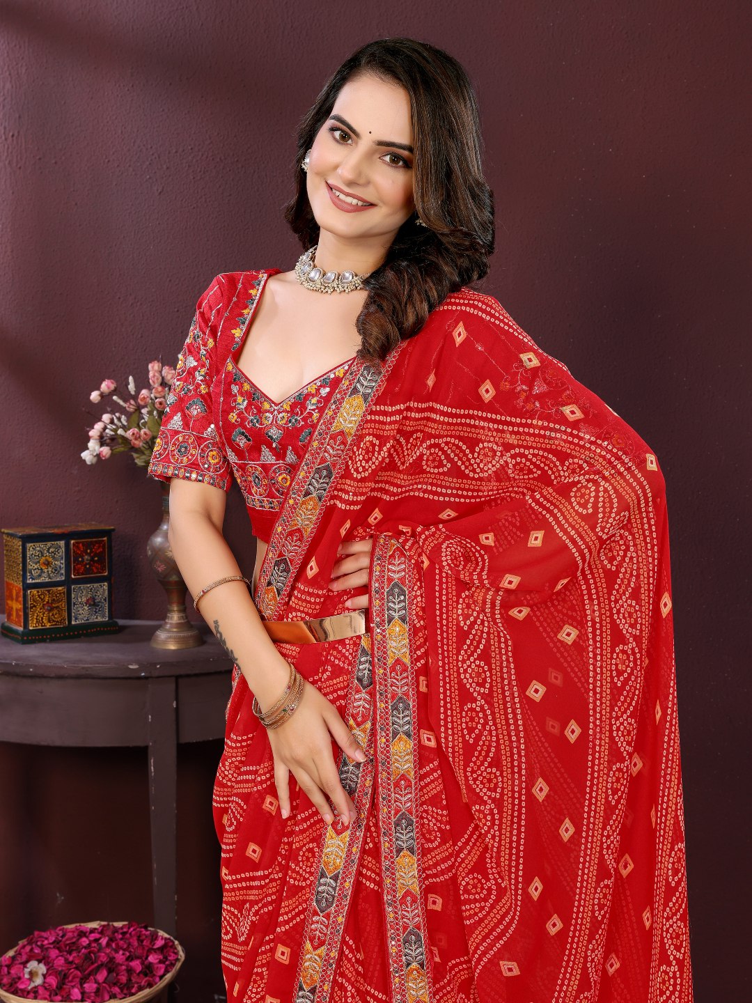 Red Digital Printed Georgette Saree