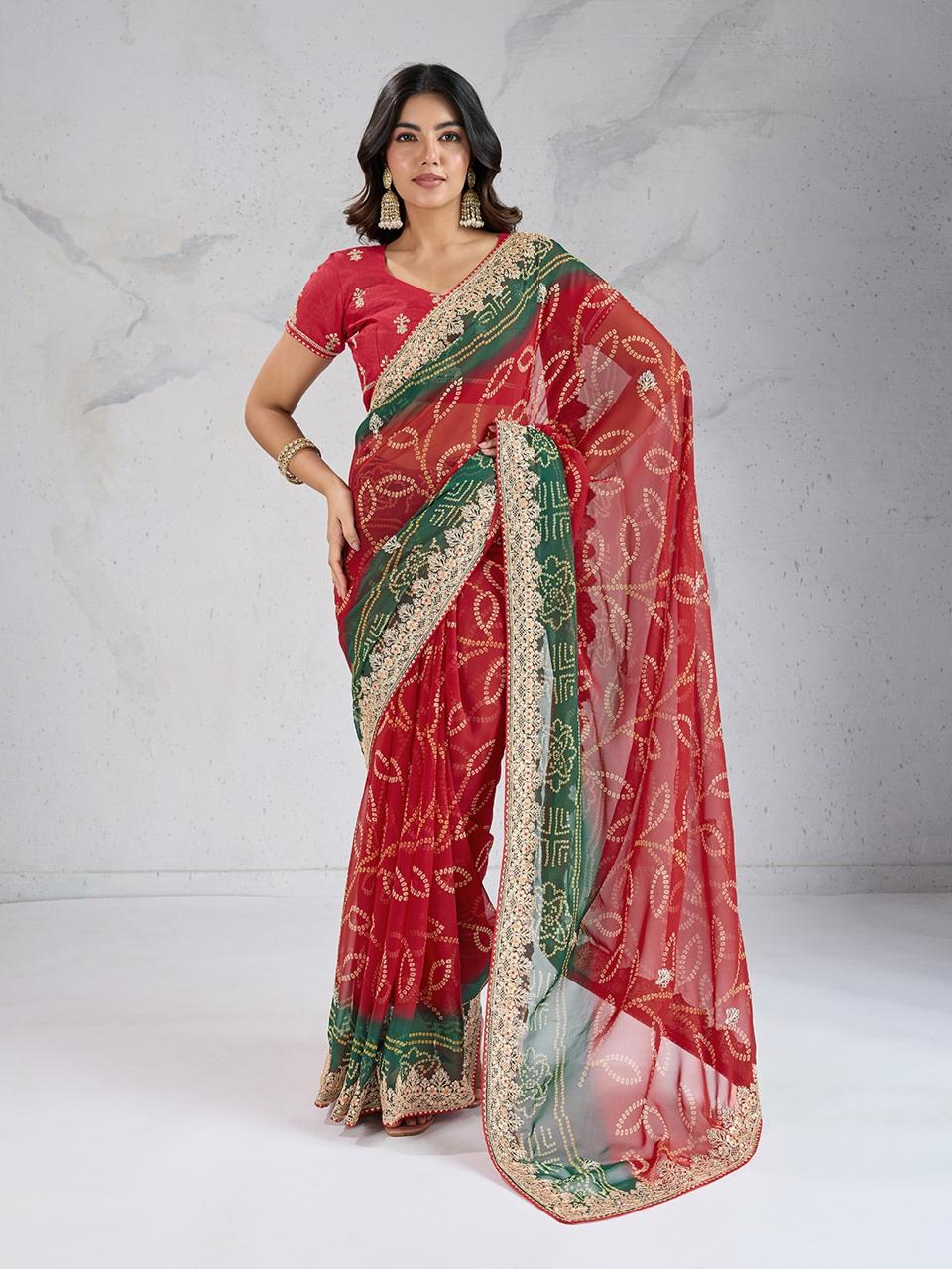 Red Digital Printed Wedding Wear Georgette Saree