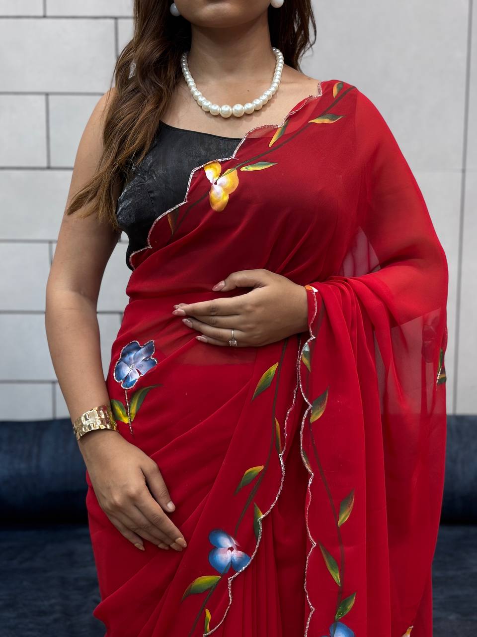 Red Color Hand Flower Printed Georgette Saree