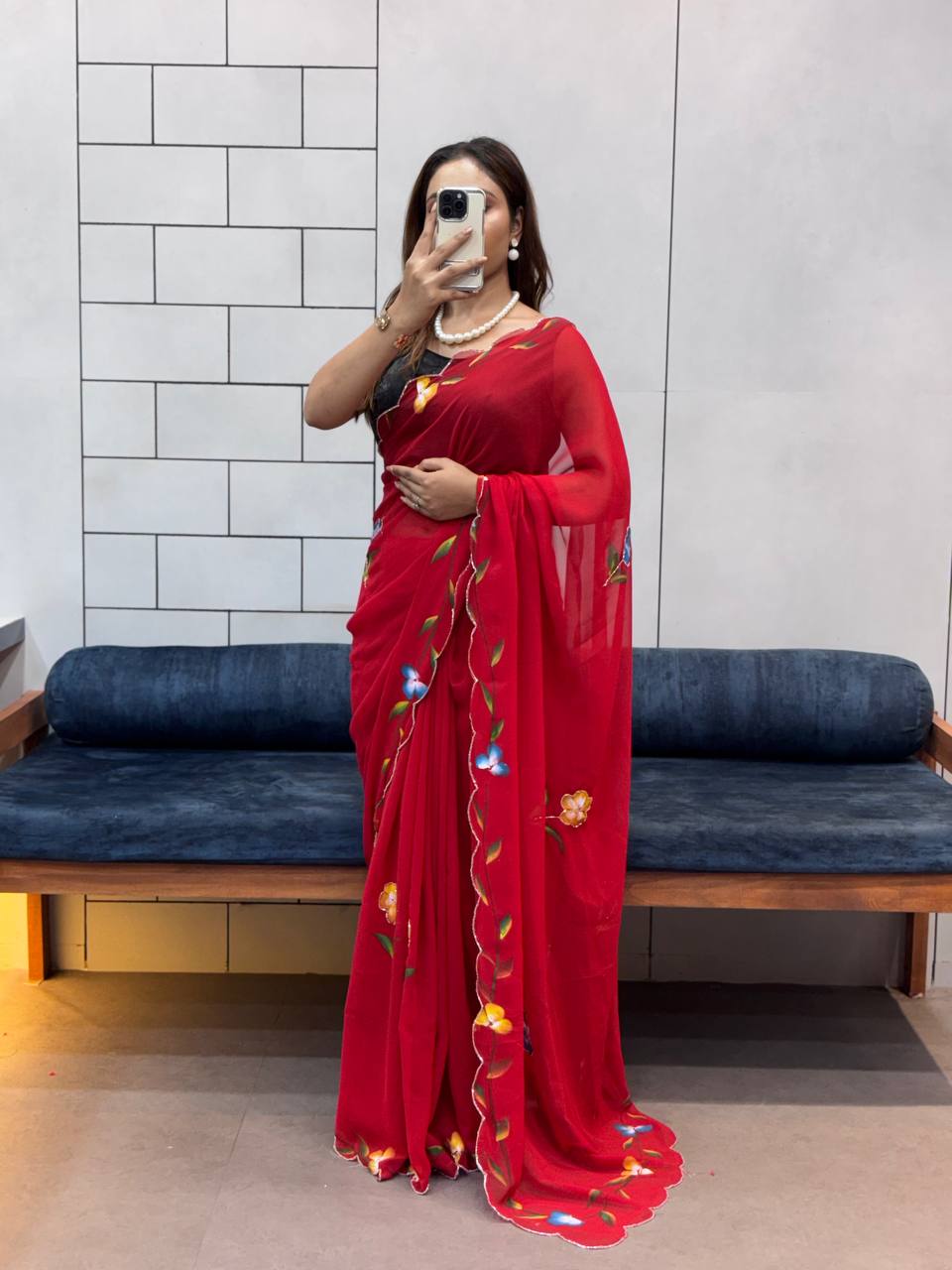 Red Color Hand Flower Printed Georgette Saree