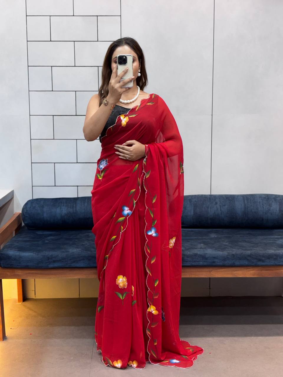 Red Hand Flower Printed Georgette Saree, Rani Pink color Red Hand Flower Printed Georgette sari for women, Red Hand Flower Printed Georgette saree for wedding, Saree, Saree for women, Saris, Sari for women, Sarees for women, Party wear sarees for women, Wedding wear saree for women, Bollywood saree for women, Heavy saree for women, Sarees for wedding