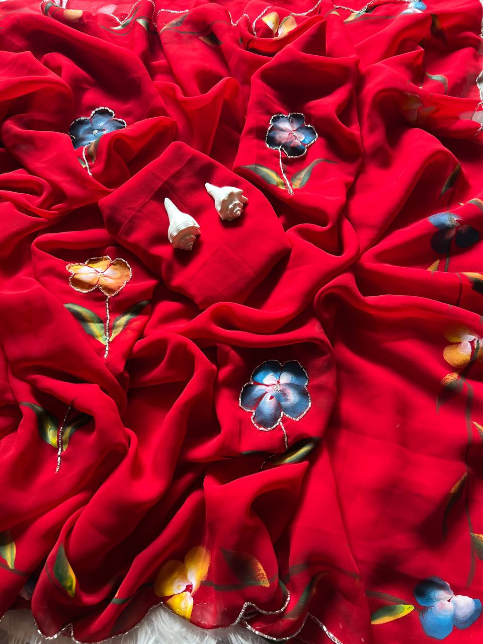 Red Hand Flower Printed Georgette Saree, Rani Pink color Red Hand Flower Printed Georgette sari for women, Red Hand Flower Printed Georgette saree for wedding, Saree, Saree for women, Saris, Sari for women, Sarees for women, Party wear sarees for women, Wedding wear saree for women, Bollywood saree for women, Heavy saree for women, Sarees for wedding