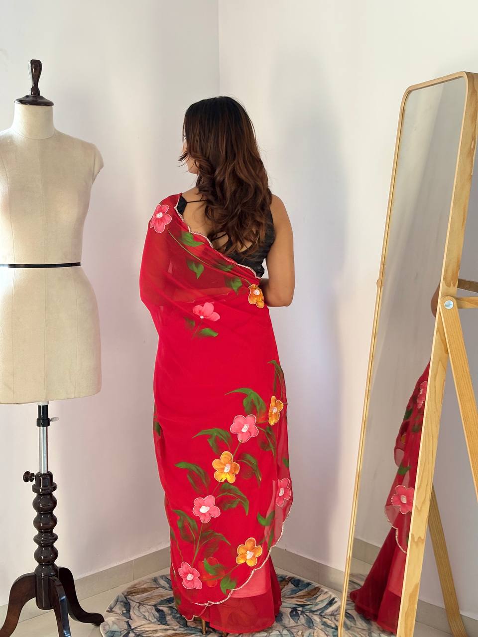 Red Hand Printed Georgette Saree