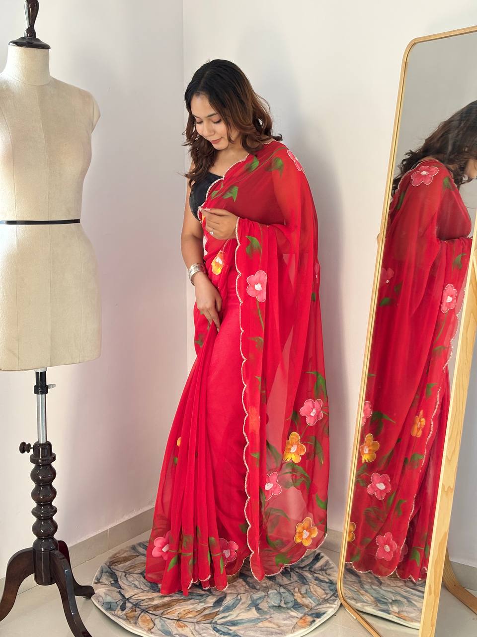 Red Hand Printed Georgette Saree