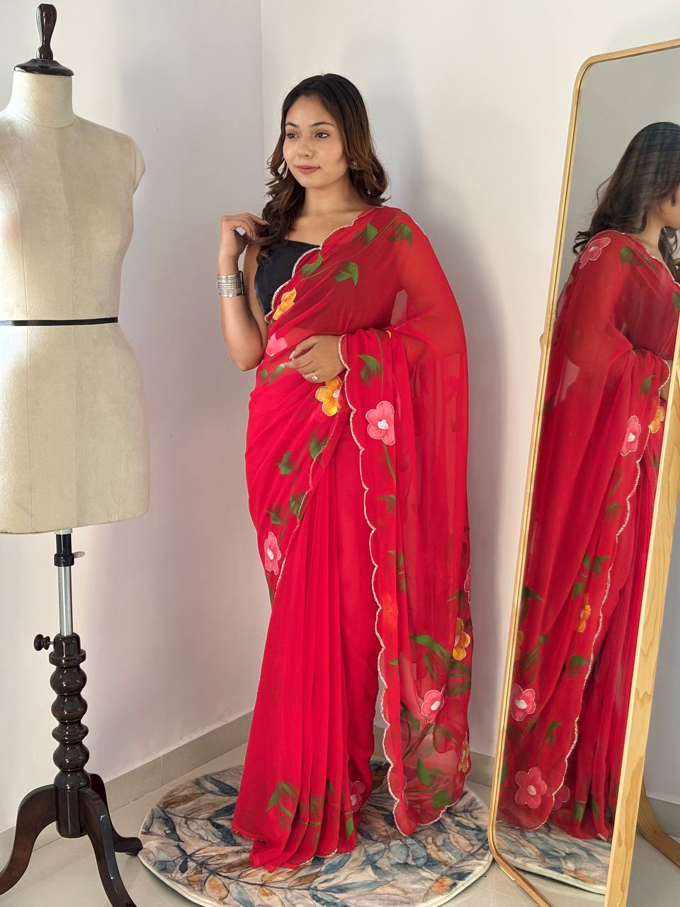 Red Hand Printed Georgette Saree