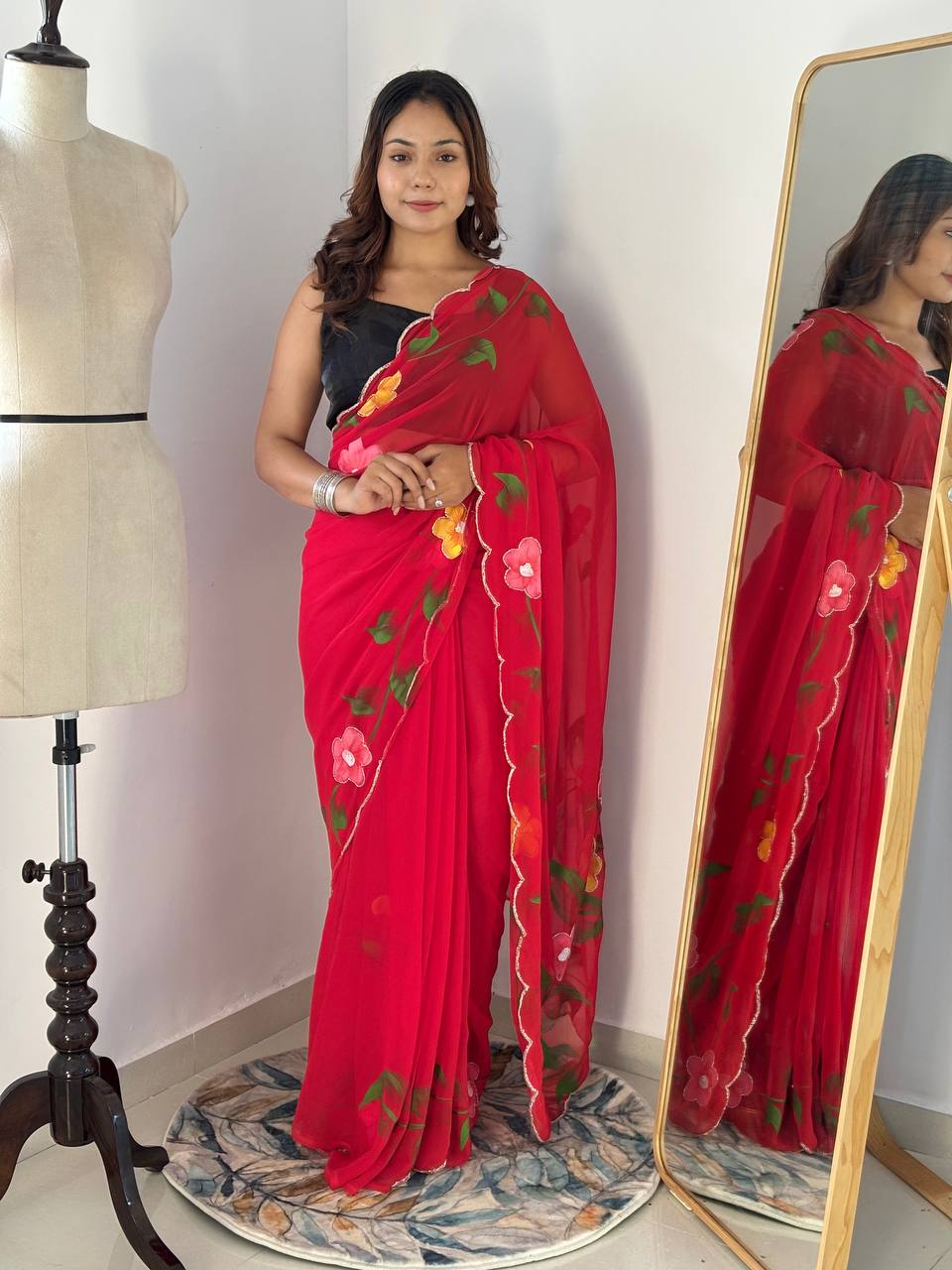 Red Hand Printed Georgette Saree