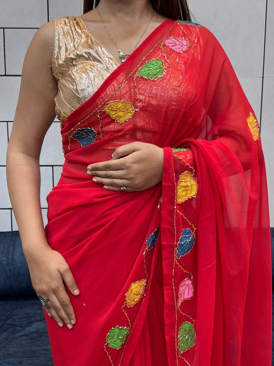 Red Handwork With Handprinted Georgette Saree