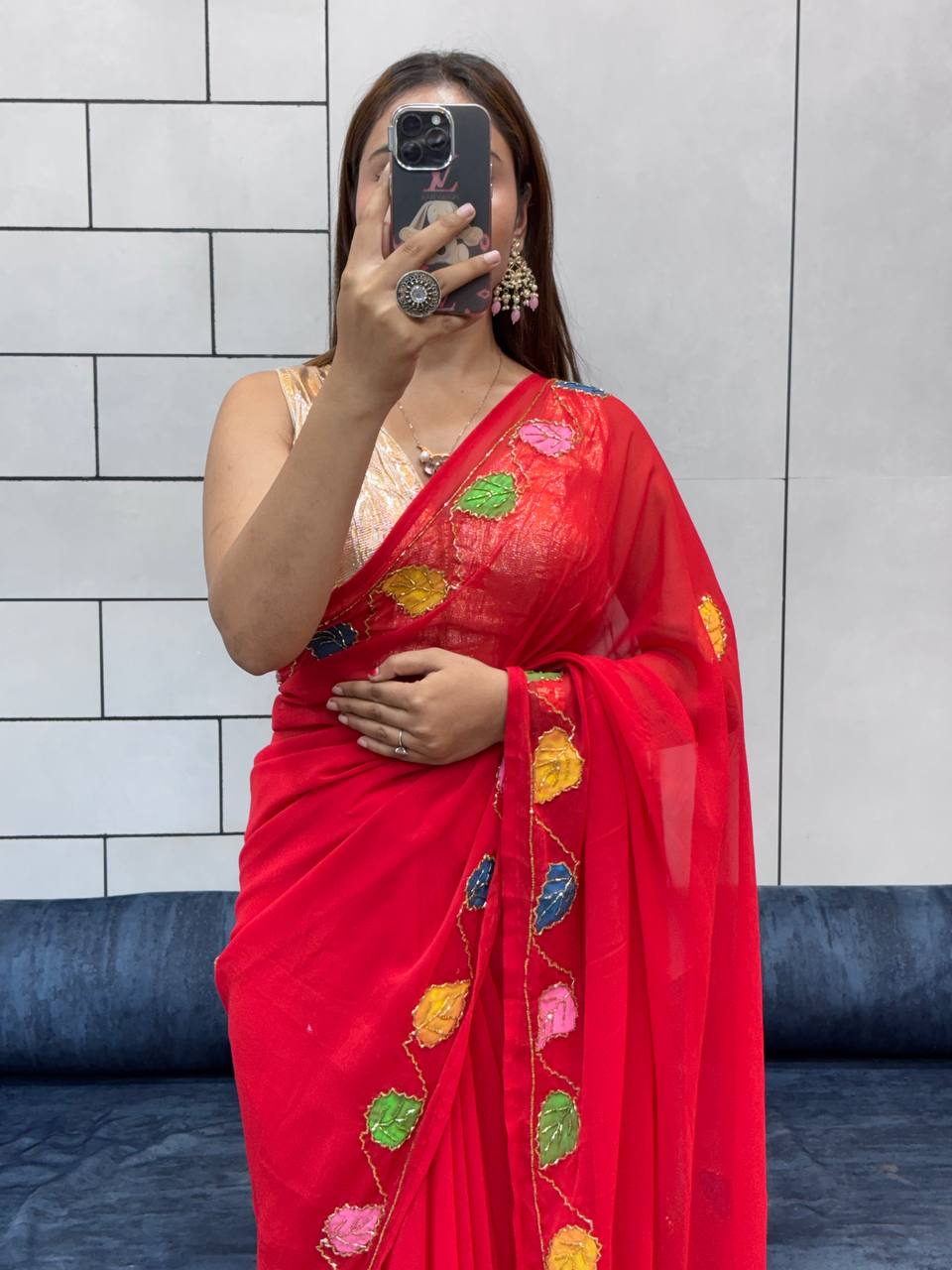 Red Handwork With Handprinted Georgette Saree