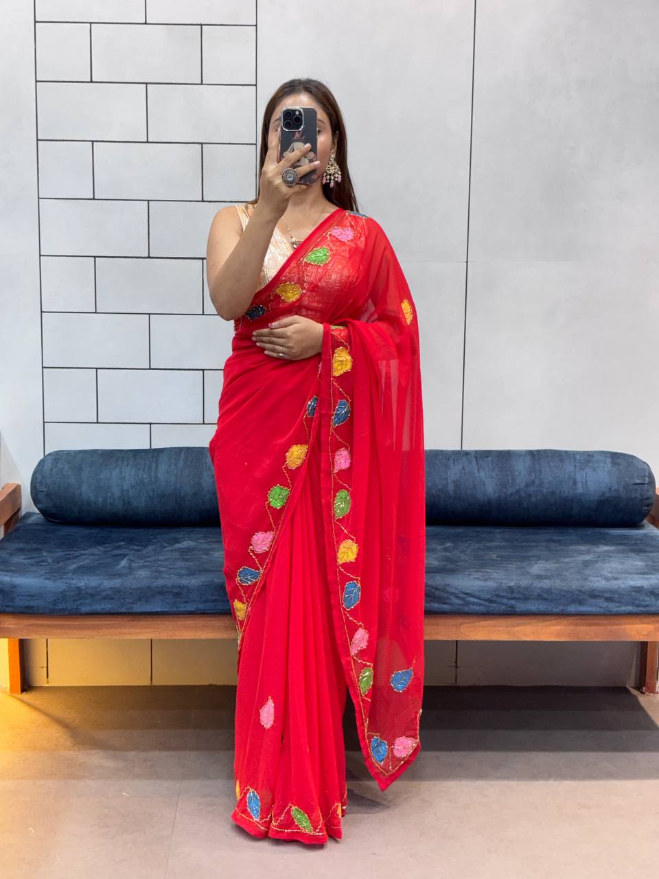 Red Handwork With Handprinted Georgette Saree