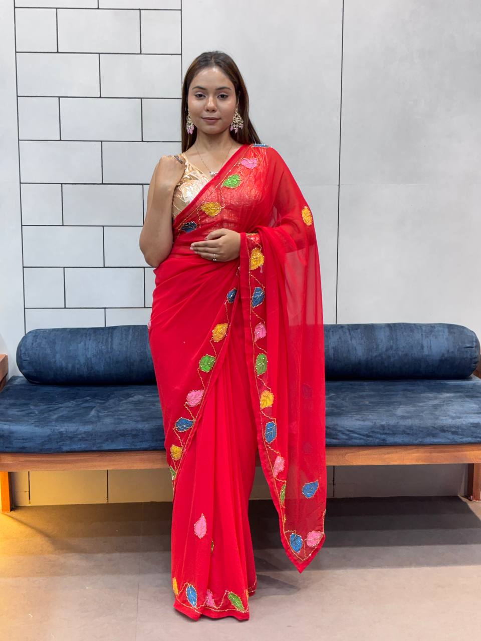 Red Handwork With Handprinted Georgette Saree