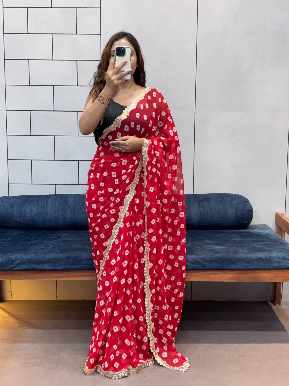 Red Leriya Printed Bandhej Soft Georgette Saree