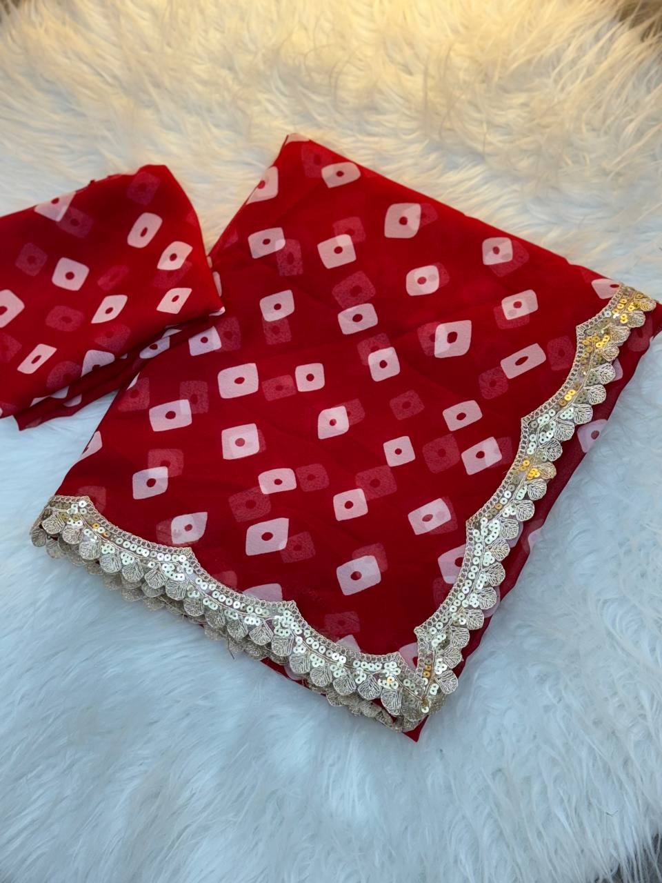 Red Leriya Printed Bandhej Soft Georgette Saree