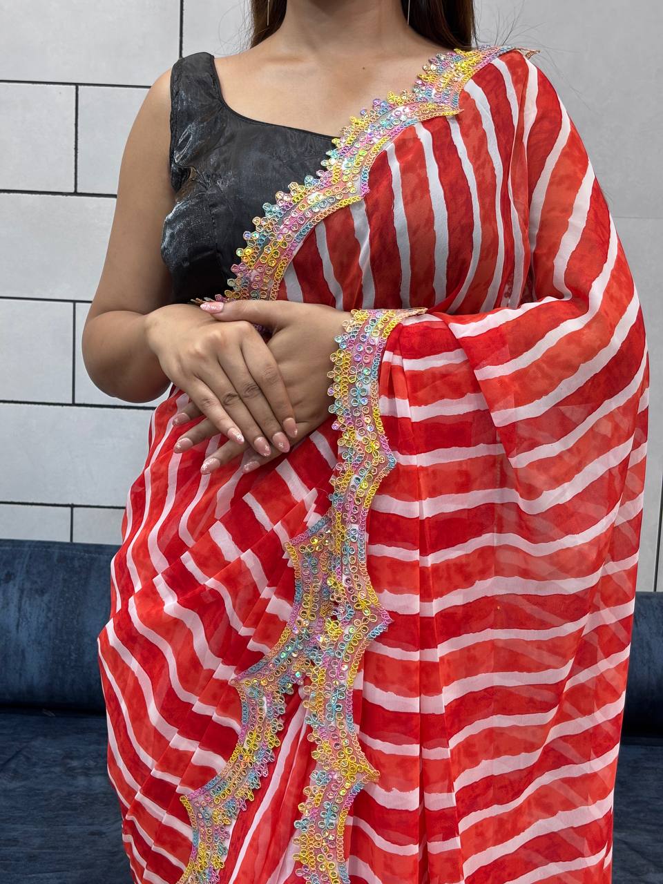 Red Leriya Printed Soft Georgette Saree