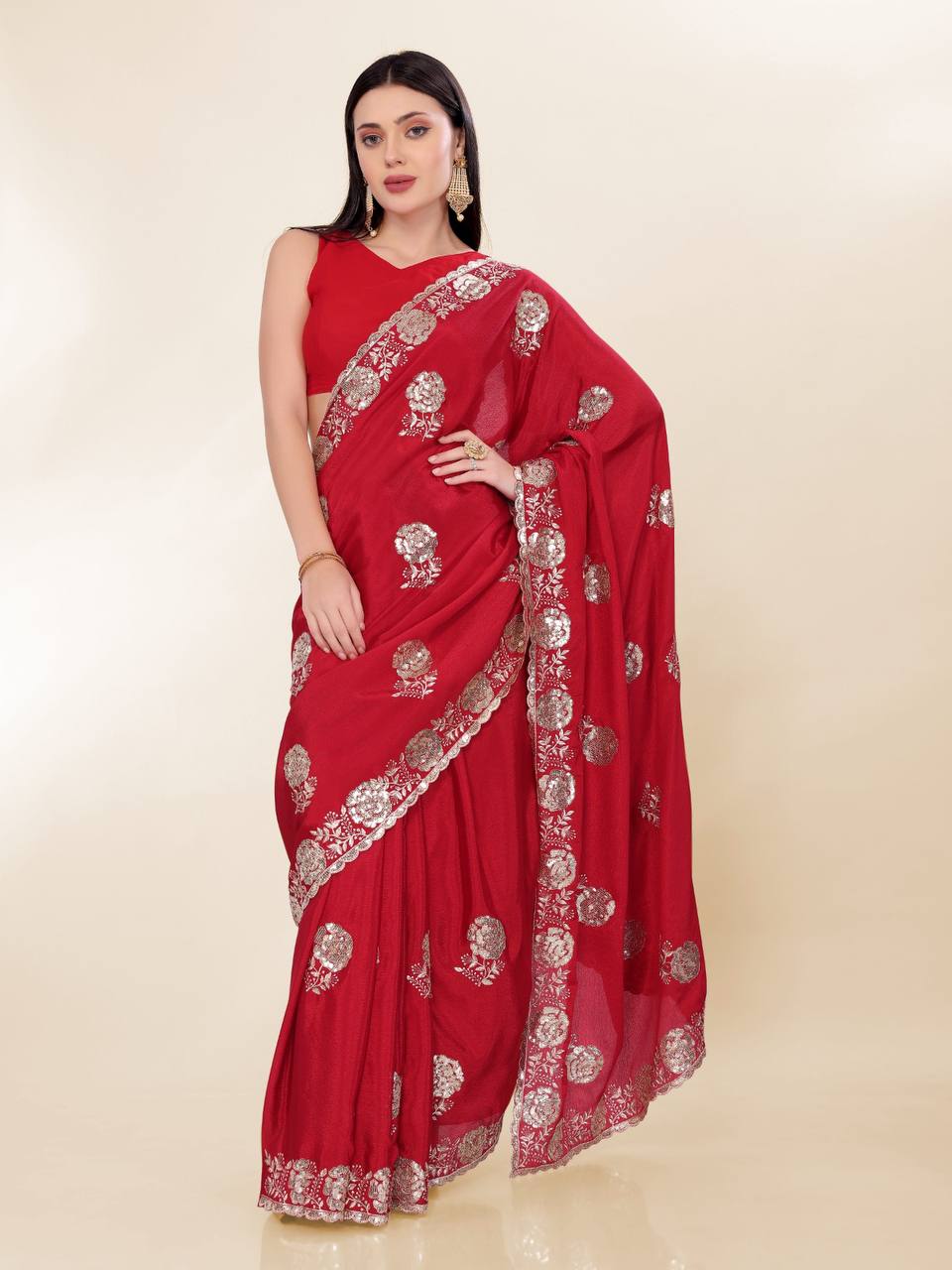 Red Party Wear Chinon Silk Saree
