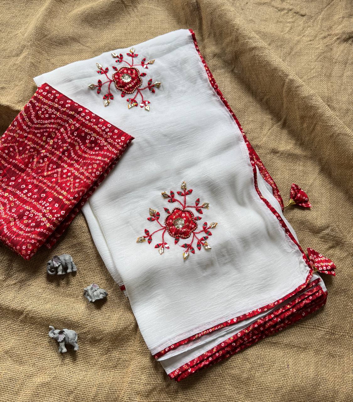 Red Party Wear Designer Chiffon Cunchy Silk Saree