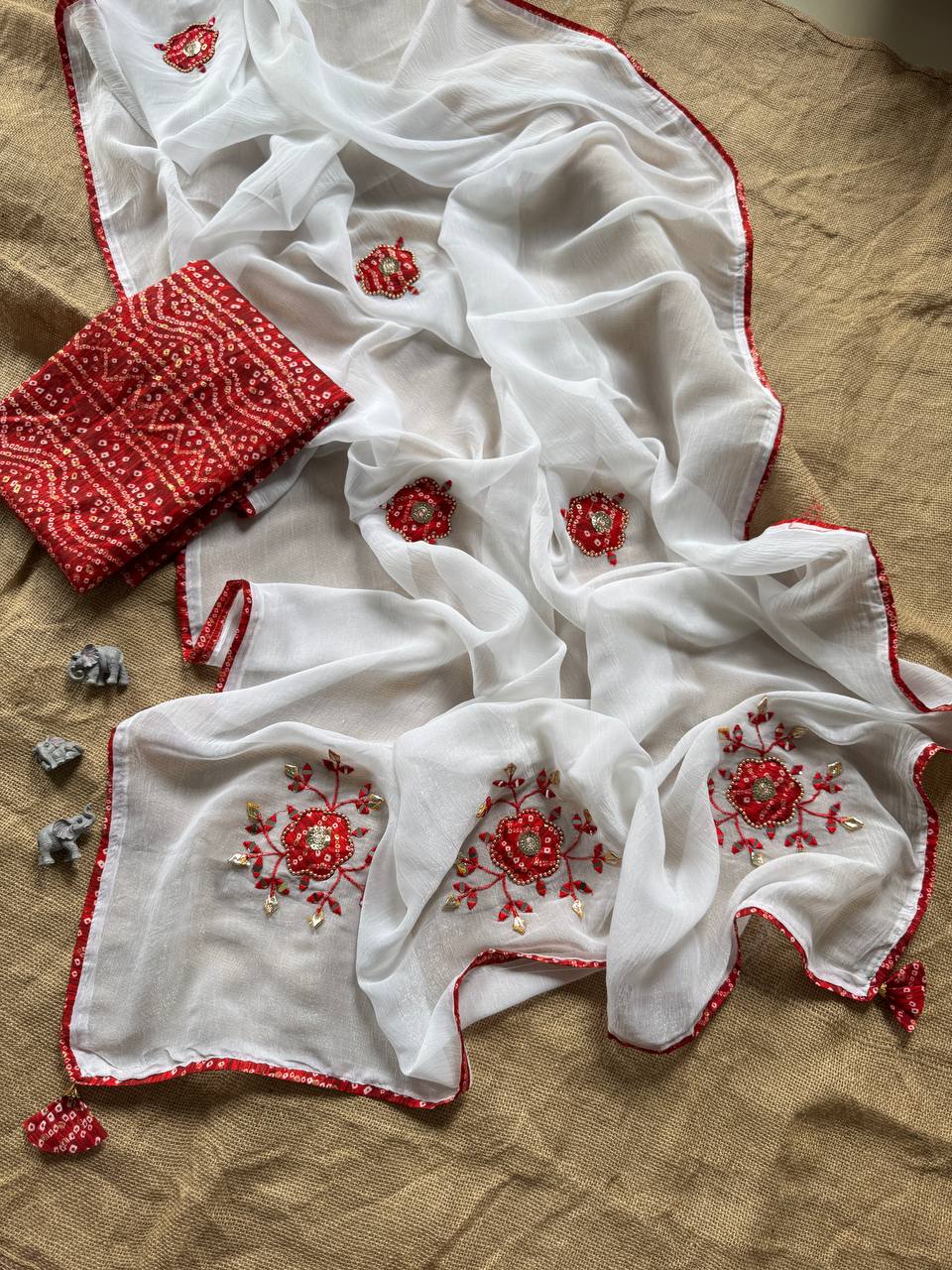 Red Party Wear Designer Chiffon Cunchy Silk Saree