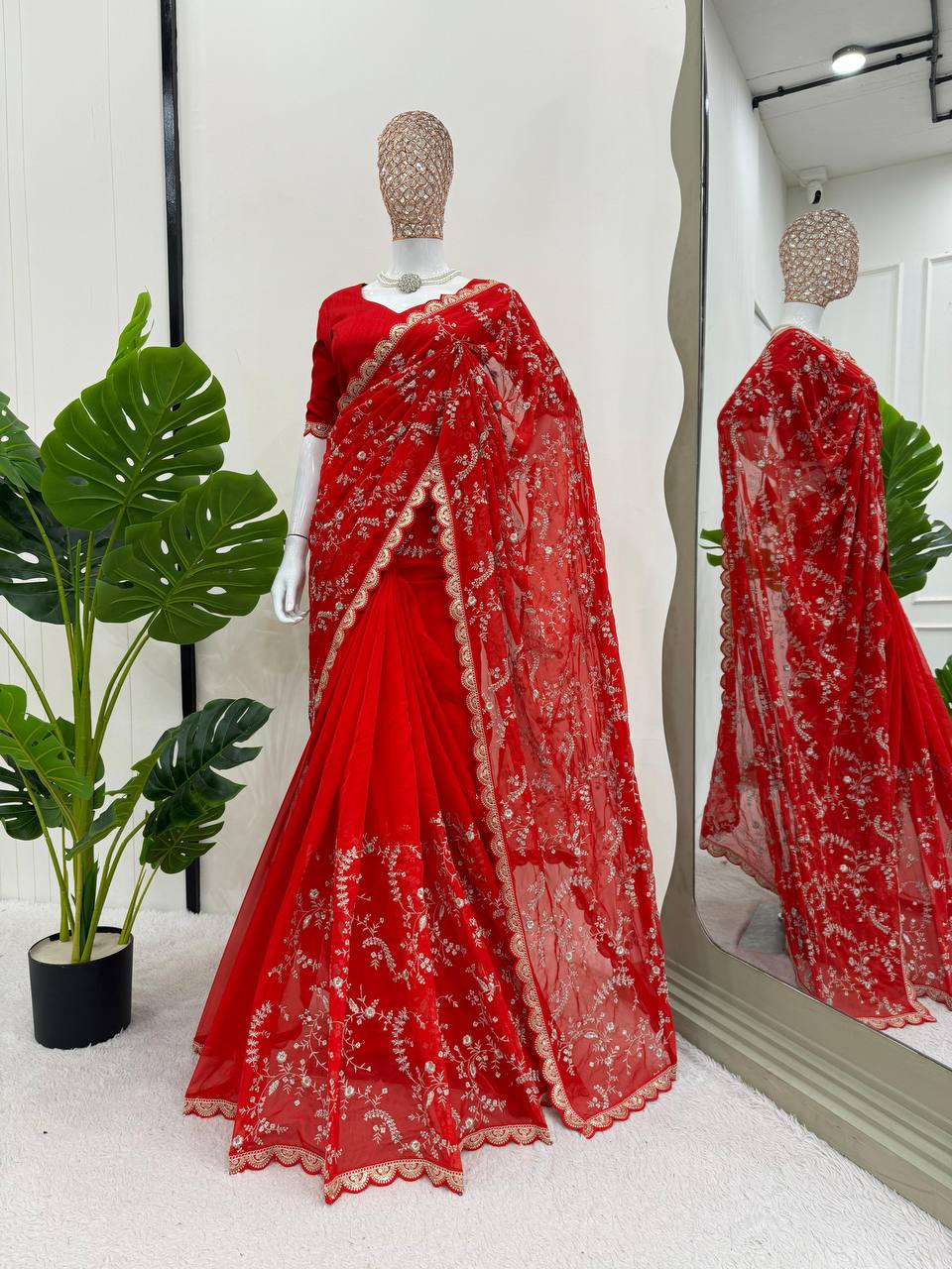 Red Party Wear Tabby Silk Saree