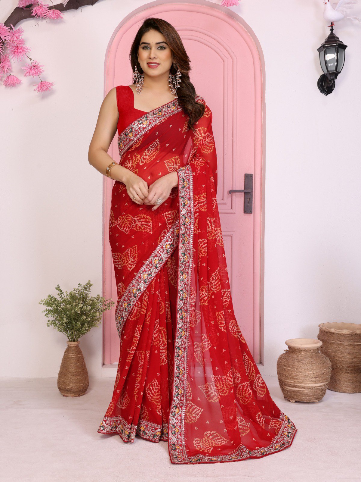 Red Rajwadi Bandhej Printed Georgette Saree