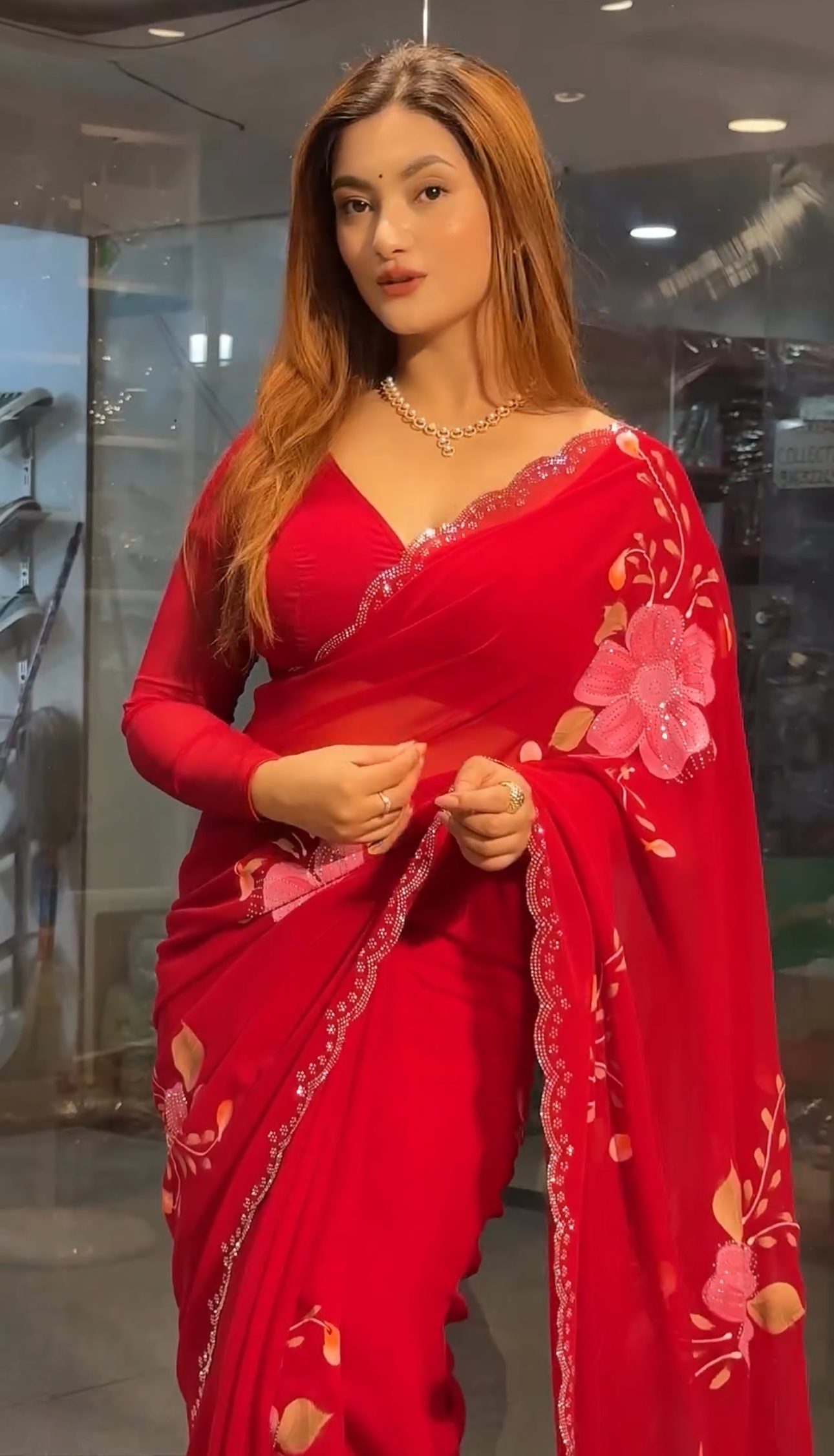 Red Stylish Geotgette Saree | Replica Design