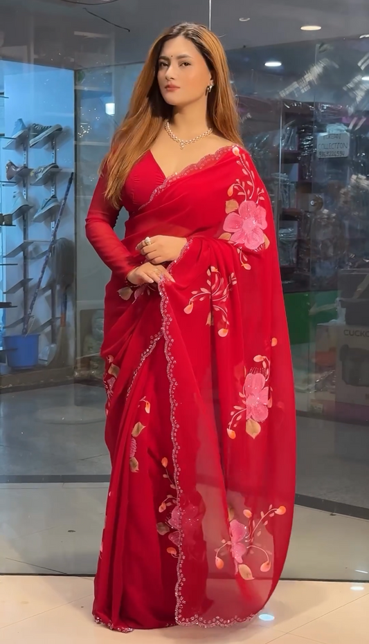 Red Stylish Geotgette Saree | Replica Design