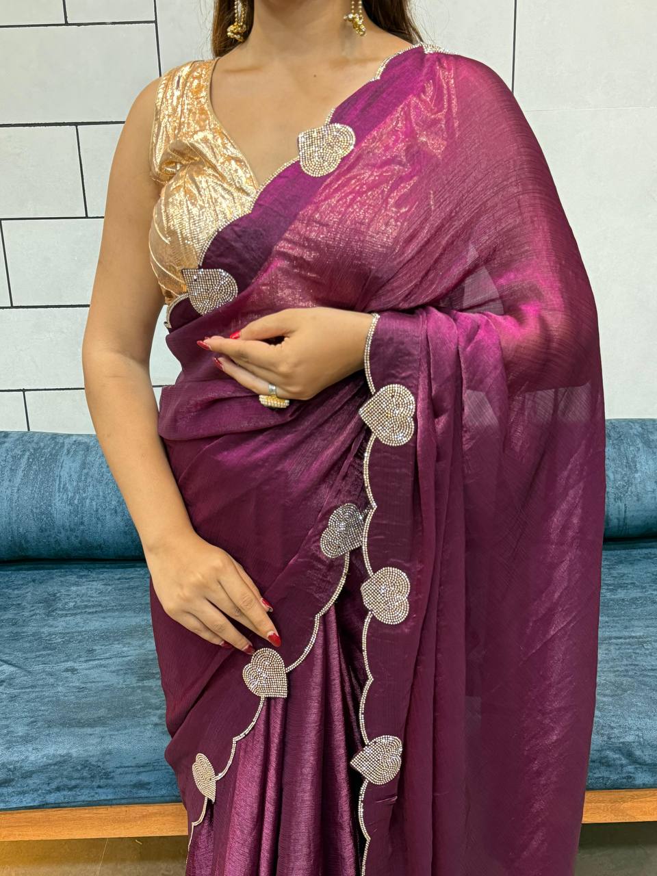 Reddish Magenta Diamond Work Space Silk Saree