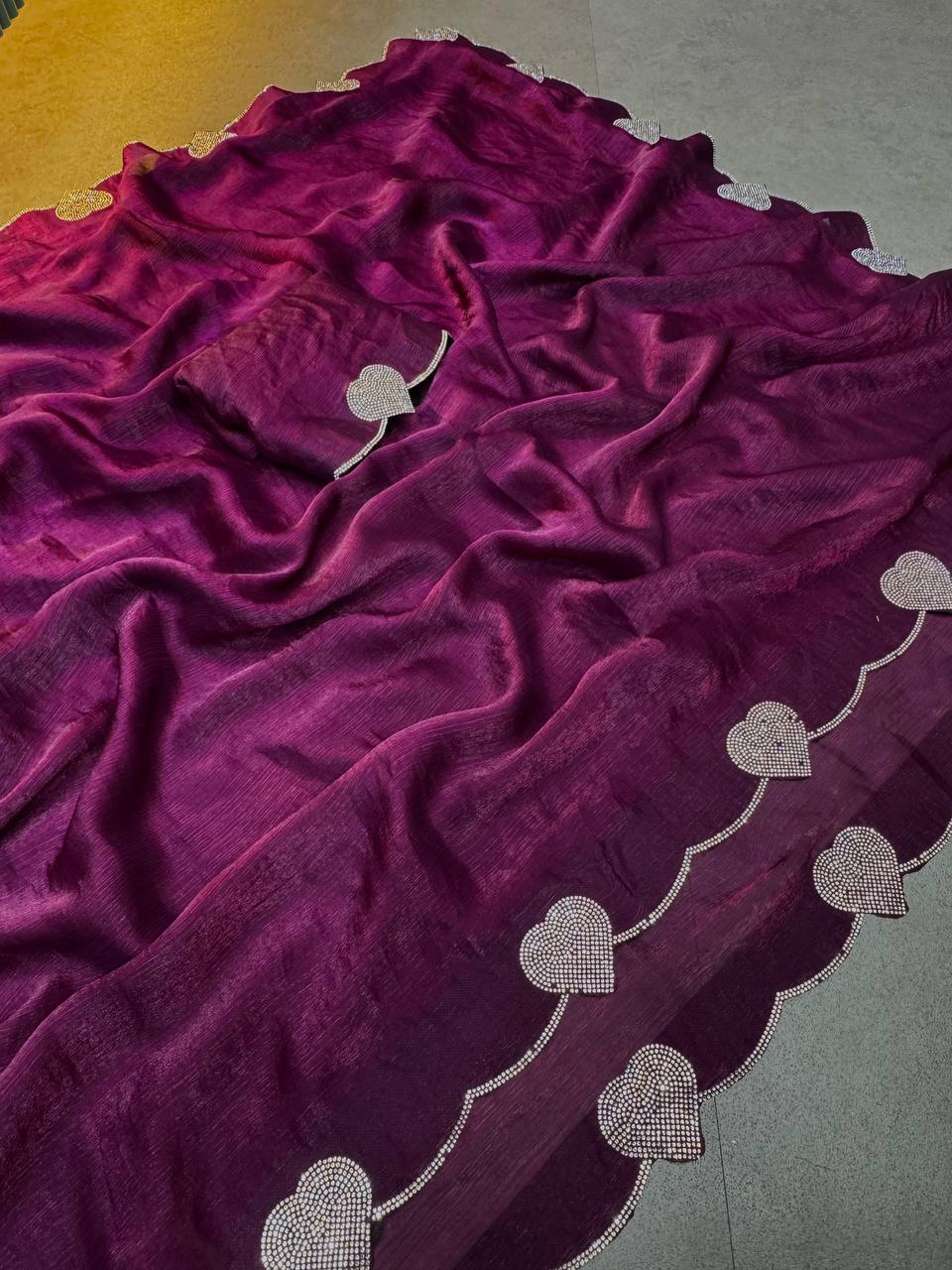 Reddish Magenta Diamond Work Space Silk Saree