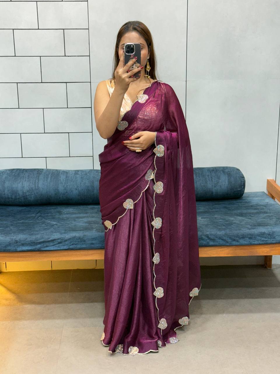 Reddish Magenta Diamond Work Space Silk Saree