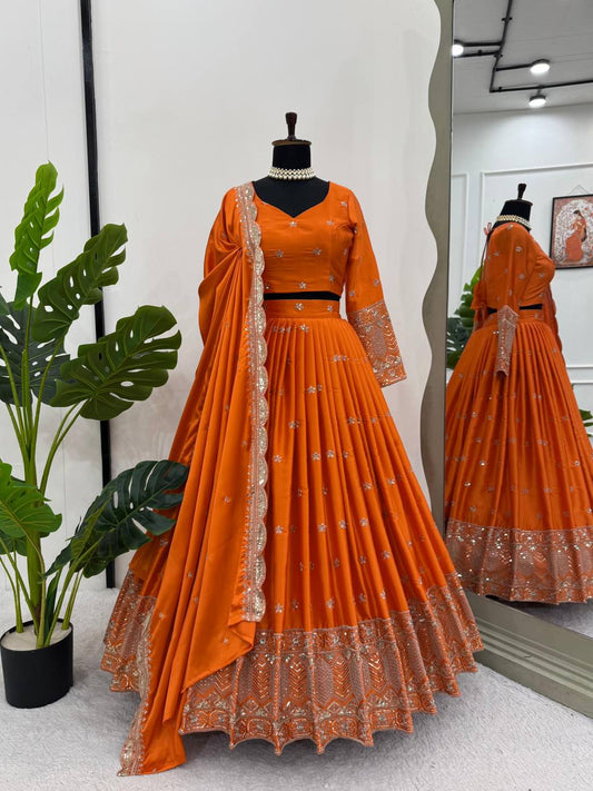 Reddish Orange Satin Silk Designer Lehenga