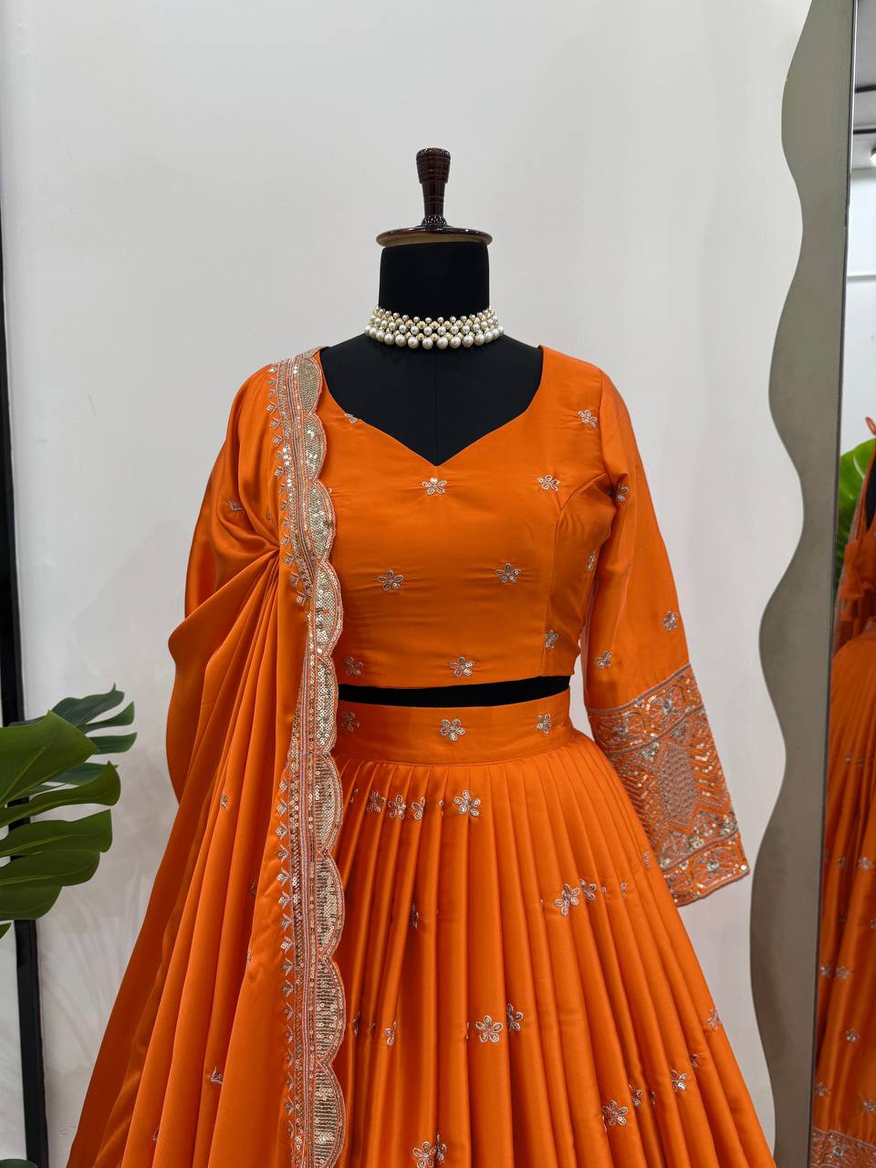 Reddish Orange Satin Silk Designer Lehenga