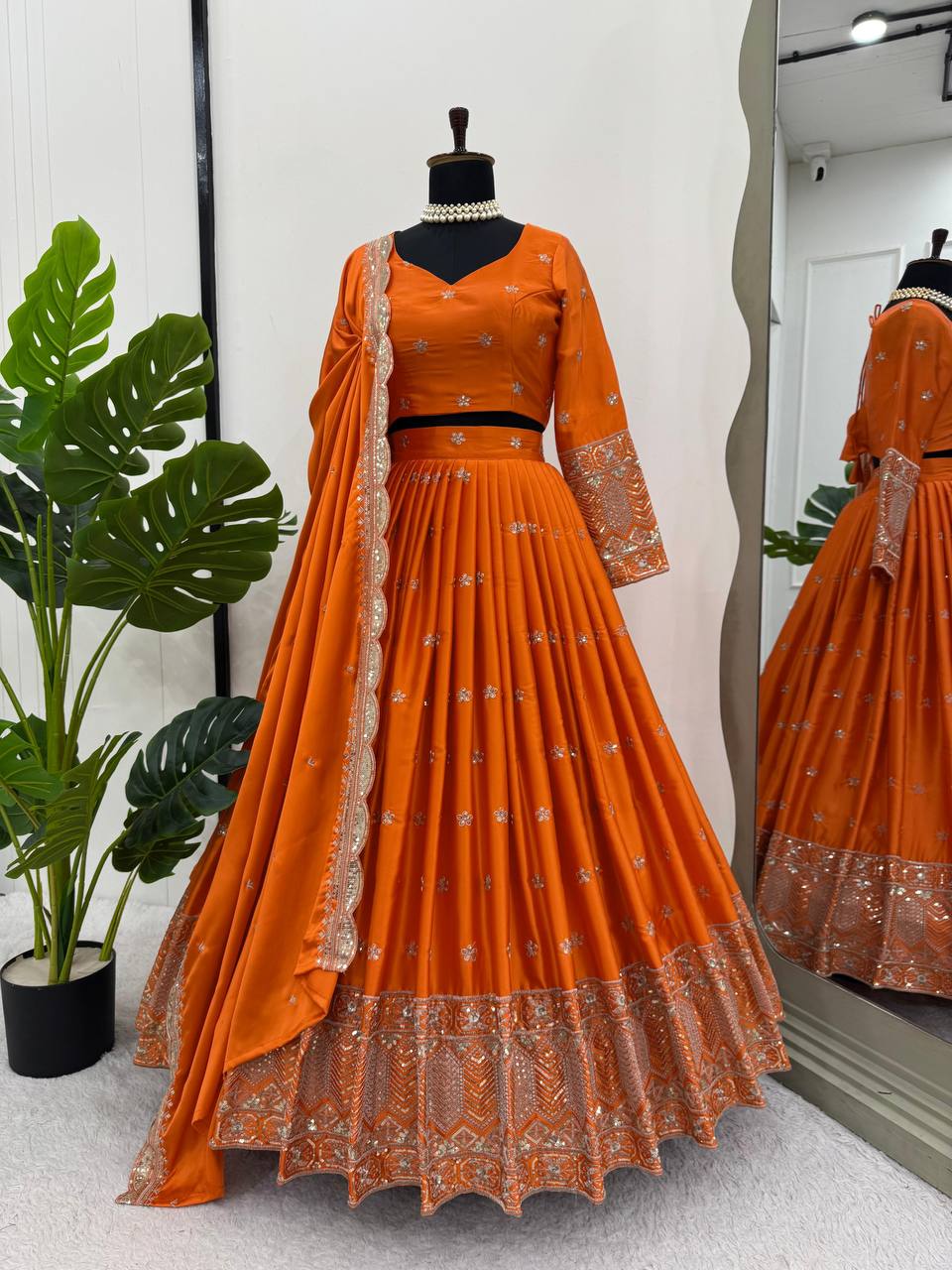 Reddish Orange Satin Silk Designer Lehenga