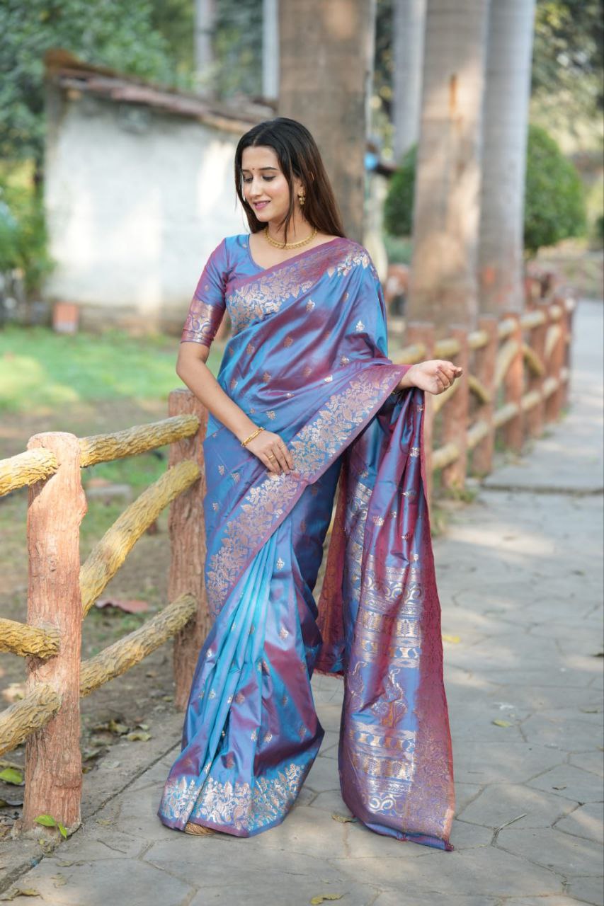 Royal Blue & Pink Dual-Tone Banarasi Silk Saree