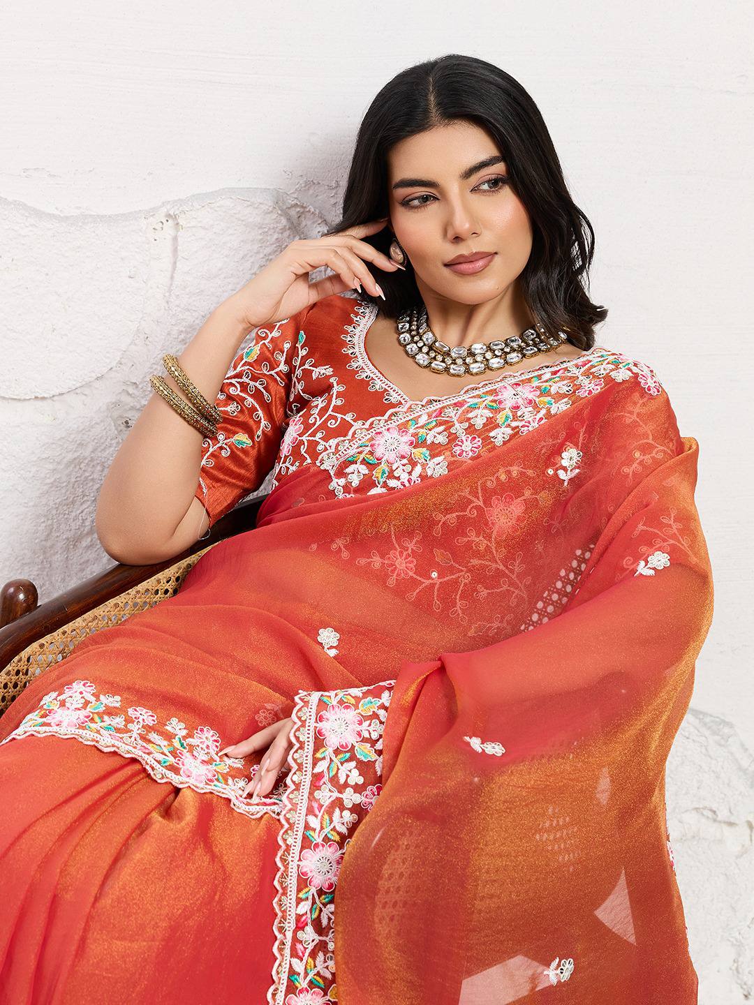 Rust Red Party Wear Chiffon Saree