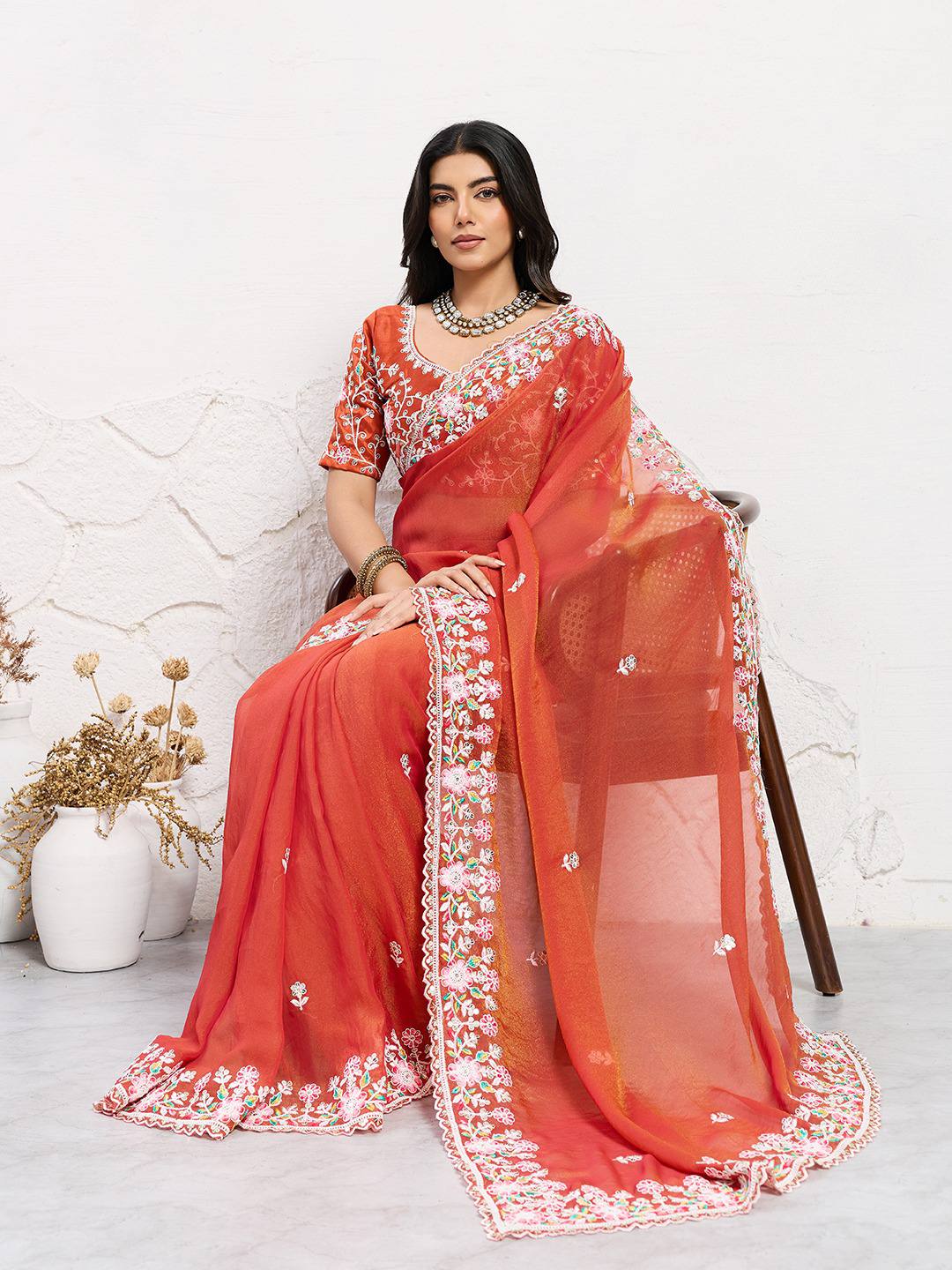 Rust Red Party Wear Chiffon Saree