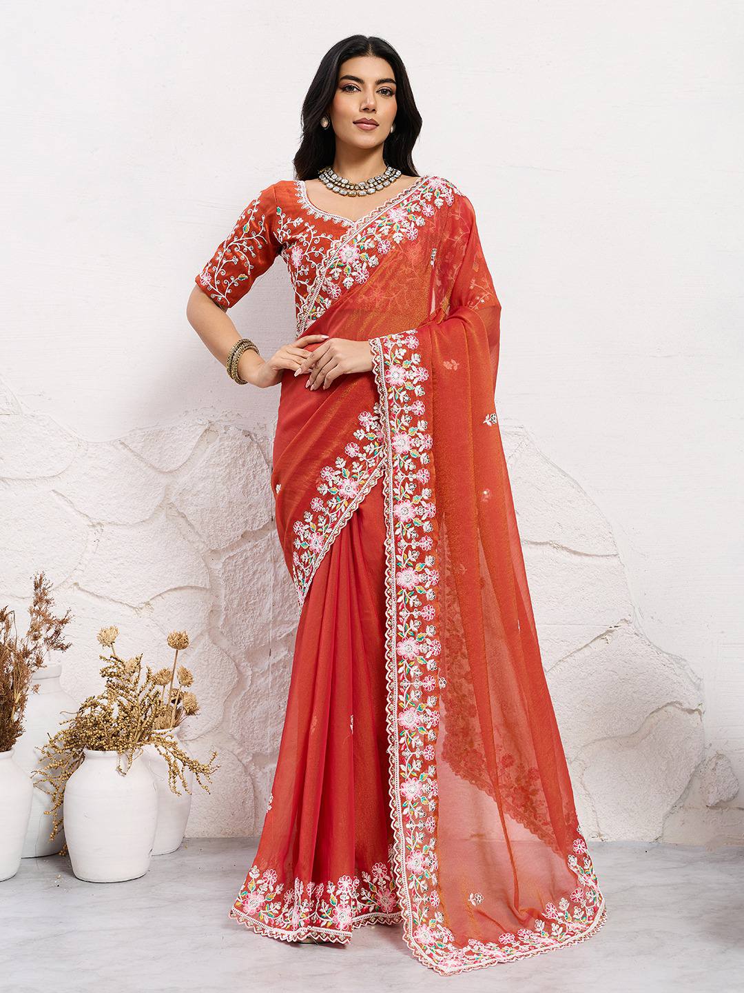 Rust Red Party Wear Chiffon Saree