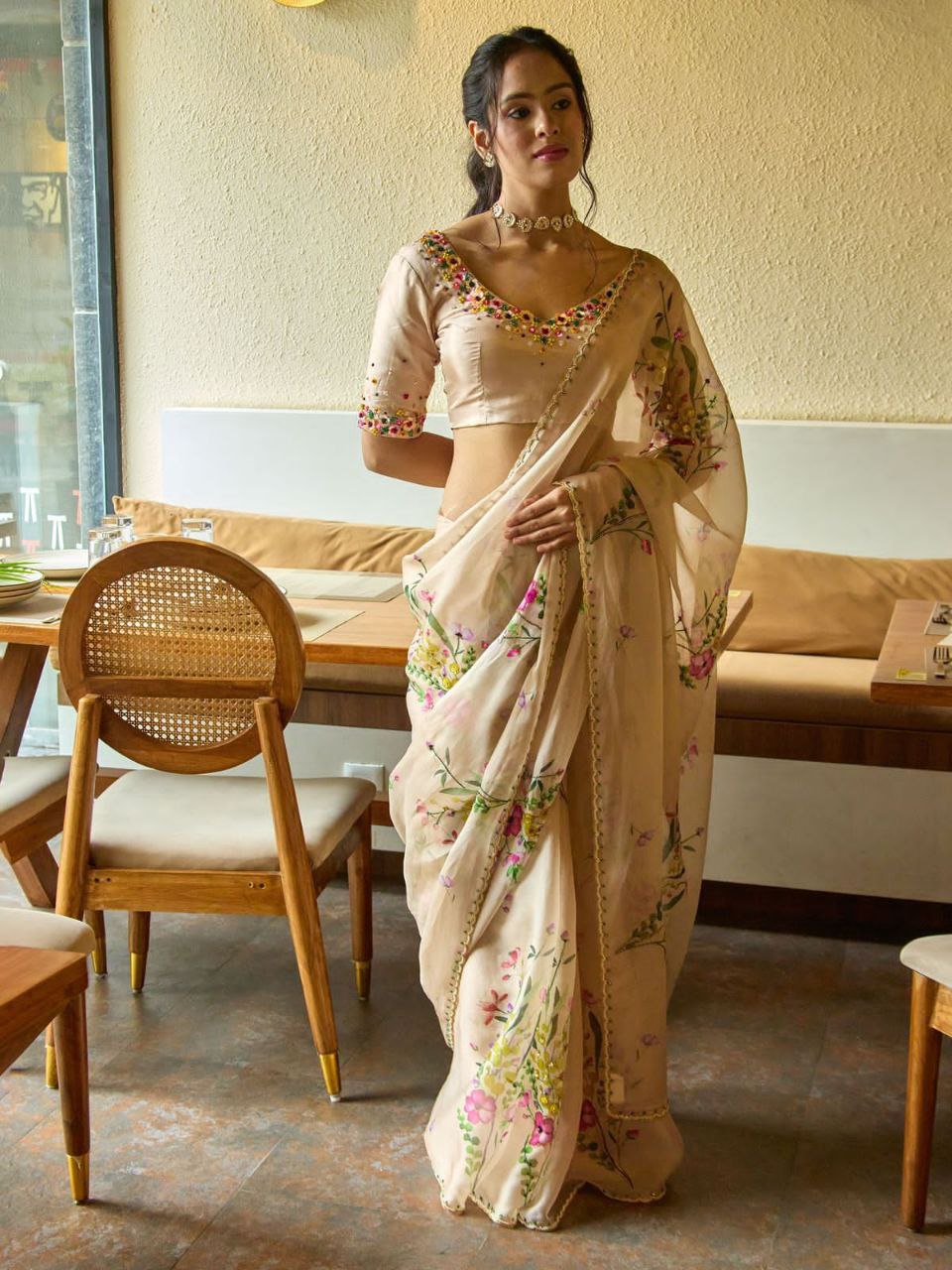 Sand Brown Floral Tabby Silk Saree