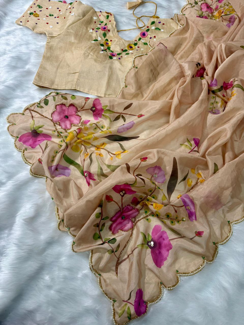 Sand Brown Floral Tabby Silk Saree