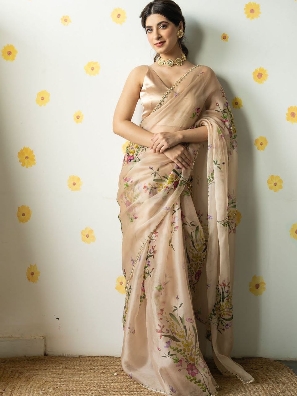 Sand Brown Floral Tabby Silk Saree