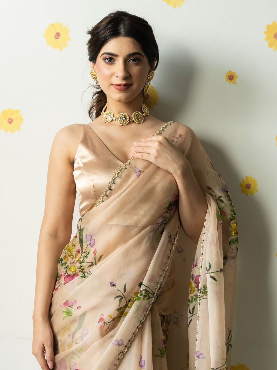 Sand Brown Floral Tabby Silk Saree
